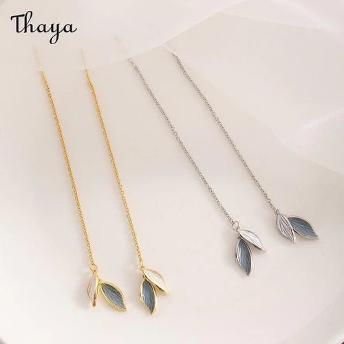 925 Silver Long Chain Leaf Earrings