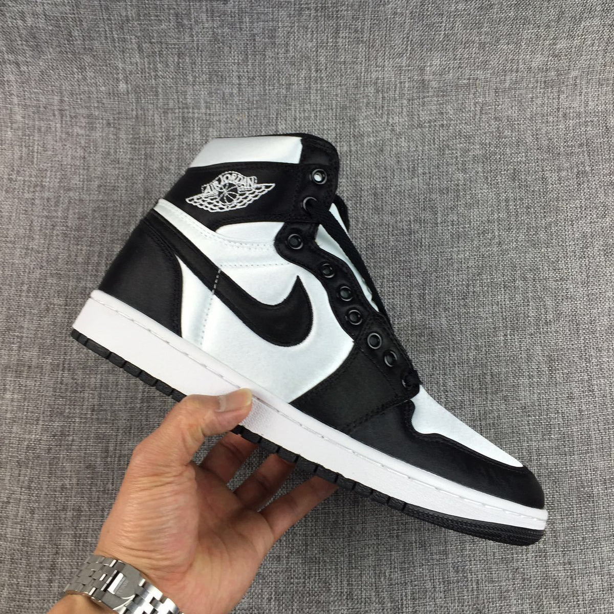 Air Jordan 1 High Black and White Satin-Style Sneakers