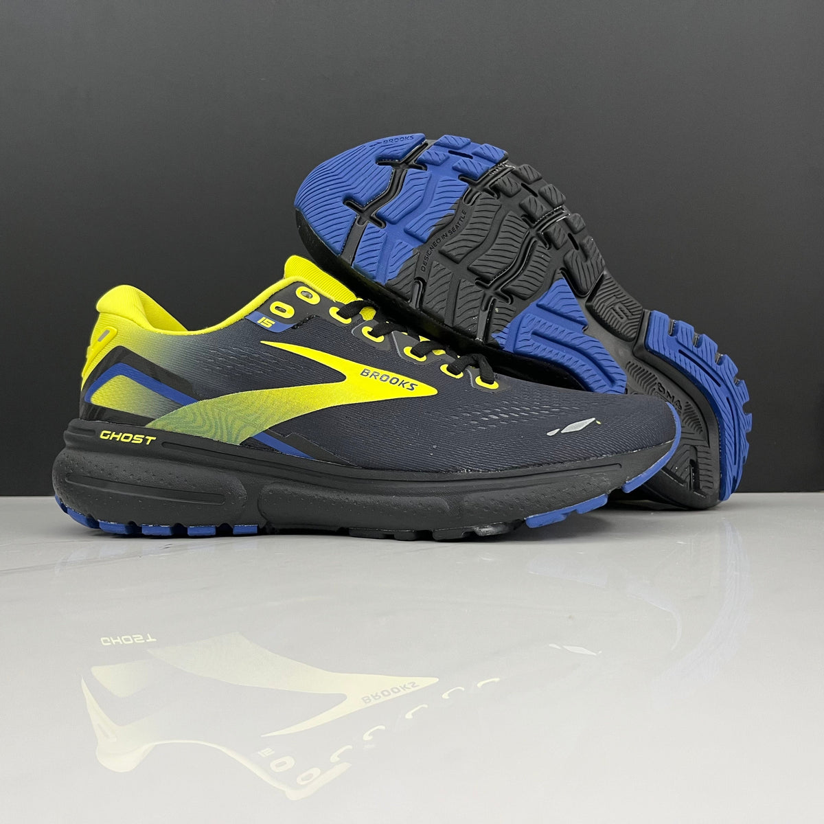 Brooks Ghost 15 Running Shoes, Charcoal Yellow Blue